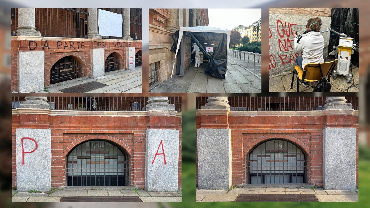 Laser rimuove i graffiti dalla facciata storica della Statale di Milano Laser rimuove i graffiti dalla facciata storica della Statale di Milano